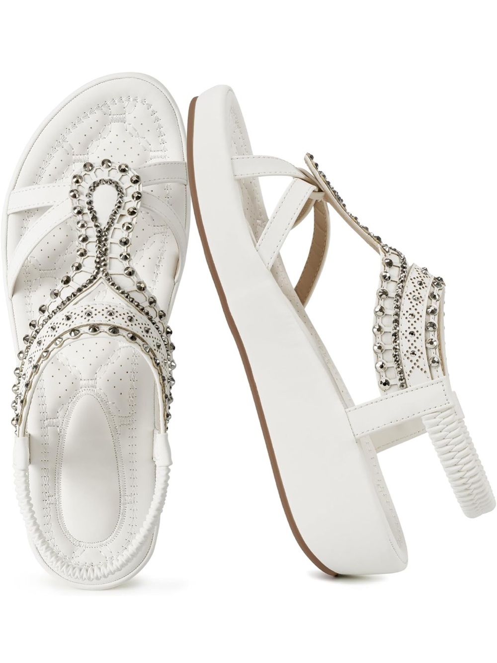White Embellished Women's T-Strap Sandals